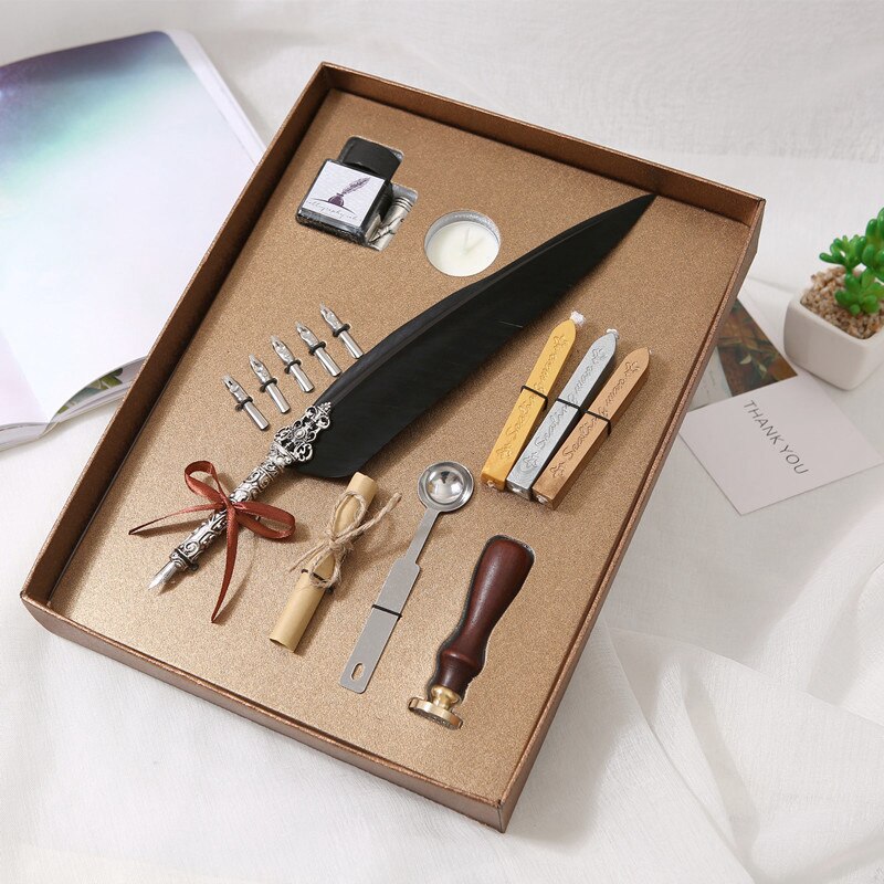 Pluma de pluma antigua clásica de 10 estilos, pluma de escribir de Metal con caja de bonita, de Navidad y boda, pluma estilográfica: Luxury suit - F