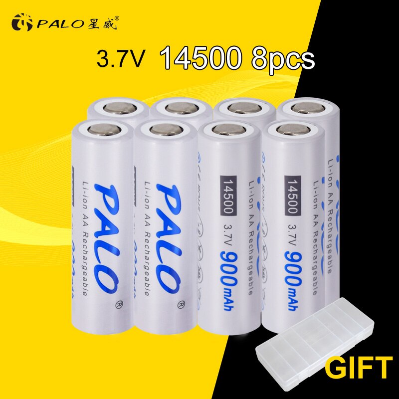 PALO 900mAh Original 3.7V 14500 battery 14500 AA Li-ion Rechargeable Battery 14500 Lithium-ion battery for LED flashlight: 8PCS