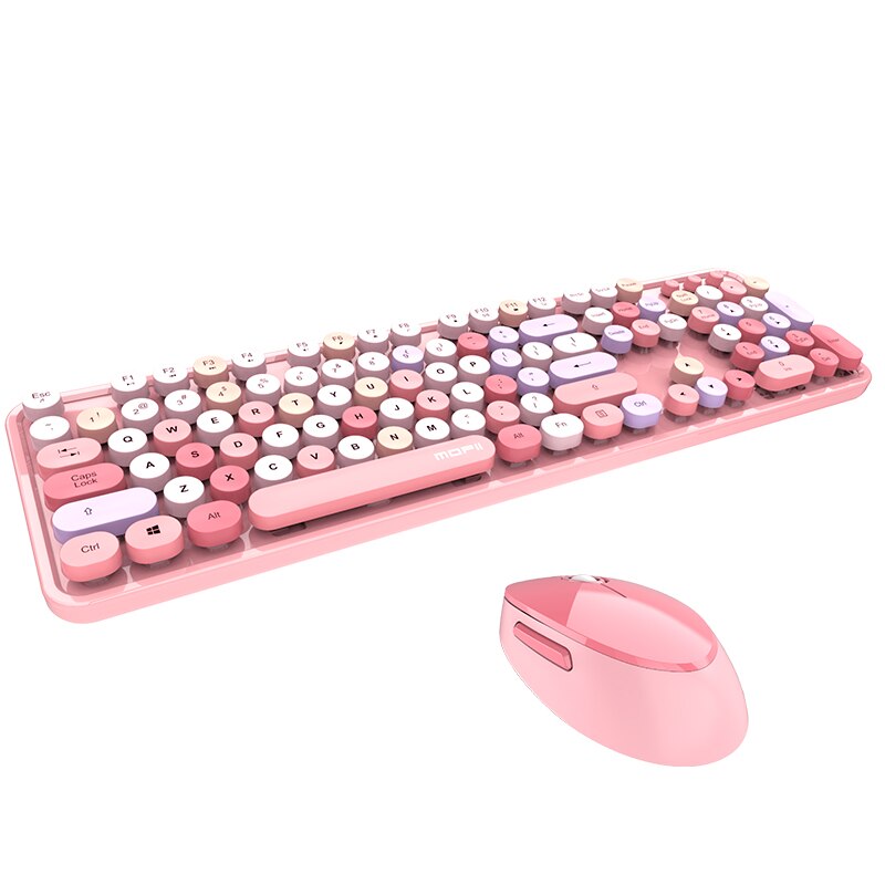 Juego de teclado y ratón de colores variados para niña, Kit de ratón y ratón inalámbrico Vintage de 2,4 Ghz para chica: pink mixed color