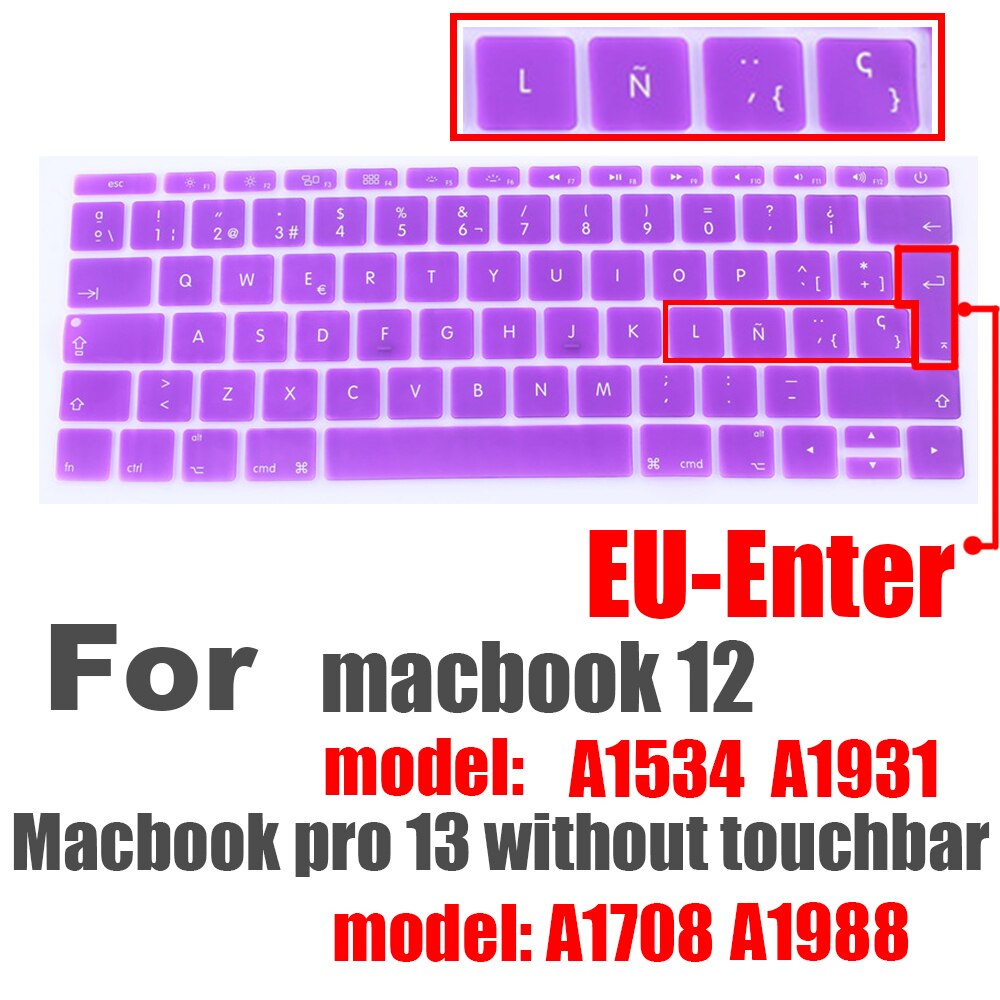 Hiszpański Laptop kolor silikonowa klawiatura pokrywa dla macbook pro13 A1708 A1988 12 &quot;retina A1534 A1931 folia ochronna klawiatura przypadku: EU Spanish purple