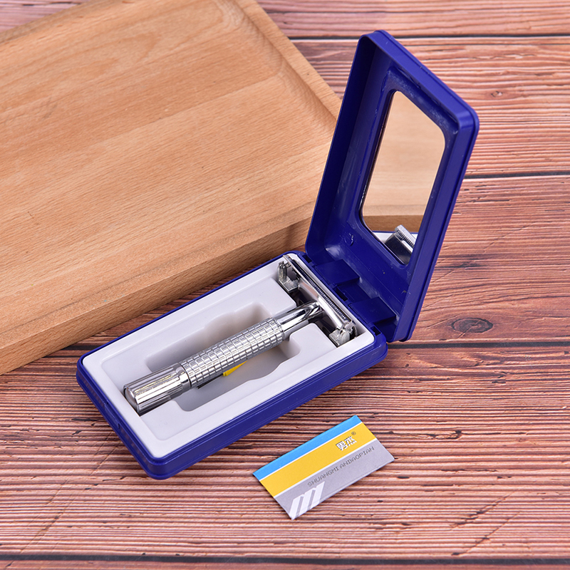 Maquinilla de afeitar Manual para hombres, maquinilla de afeitar de seguridad con doble filo cromado, con 1 y 1 cuchilla estuche de viaje , para el cuidado del cabello y la barba