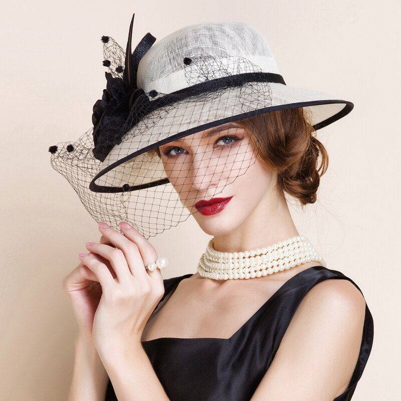 Woman Beige White Linen Wedding Church Hat with Veils and Floral Summer Wide Brim Floppy Ladies Kentucky Derby B-8141: Default Title