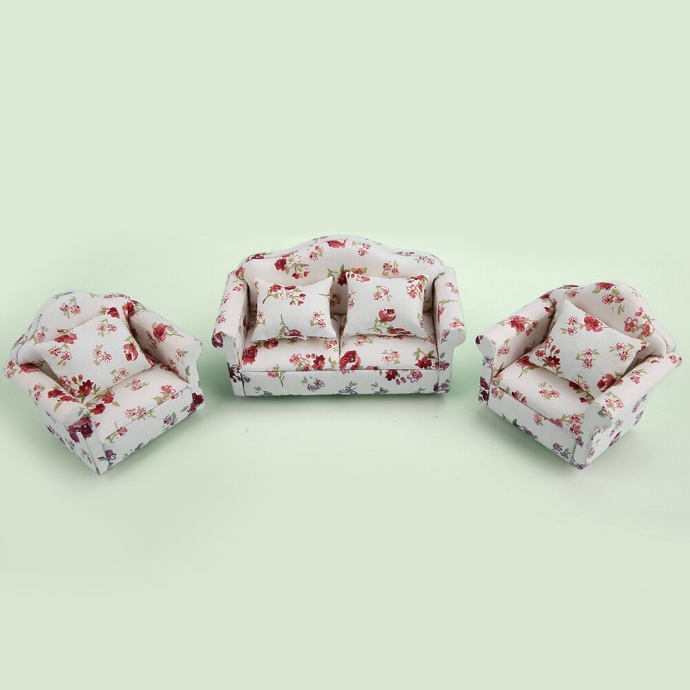 3pcs 1:12 Mini Doll House Cloth Sofa Cushion Set Dollhouse Furniture Dolls Room Decor Plaid Sofa Kids Children Play House Toy: Floral A