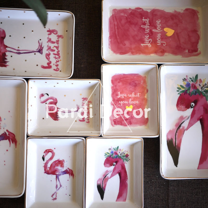 Vajilla de cerámica Rectangular, plato de flamenco para cena, pastel, bandeja de joyería, colección de escritorio, platos, decoraciones para el hogar