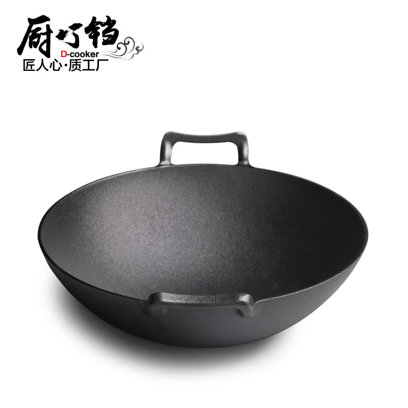 Gietijzeren Wok Dubbele Oor Ronde Bodem Grote Wok 36 Cm Ongecoat Oude Gietijzeren Pan Verdikking