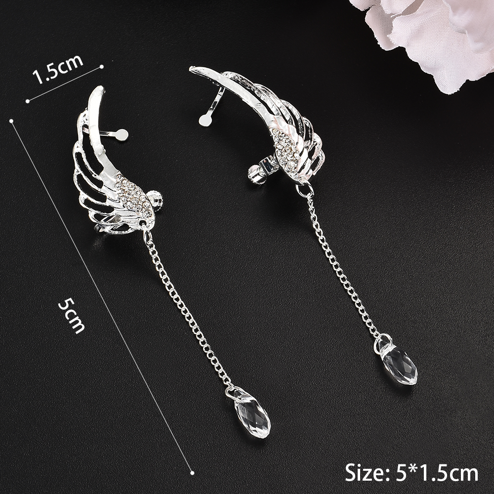 Plated Angel Wing Stylist Crystal Oorbellen Dangle Ear Stud Voor Vrouwen Lange Manchet Oorbel