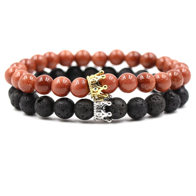 8mm 2 stk/sæt par mikro indsat zirkon krone armbånd klassisk natursten elastisk kvinder charm perler armbånd til mænd smykker: Farve 15