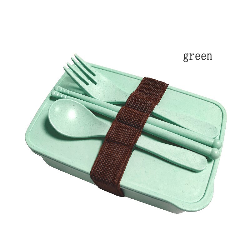 Fiambrera de fibra de bambú ecológica, fiambrera portátil con palillos, tenedor y cuchara, para estudiantes,: GREEN