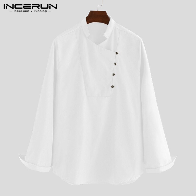 Män vintage skjorta långärmad indiska kläder stativ krage streetwear muslimska toppar solida fritidsskjortor kurtas incerun s -5xl