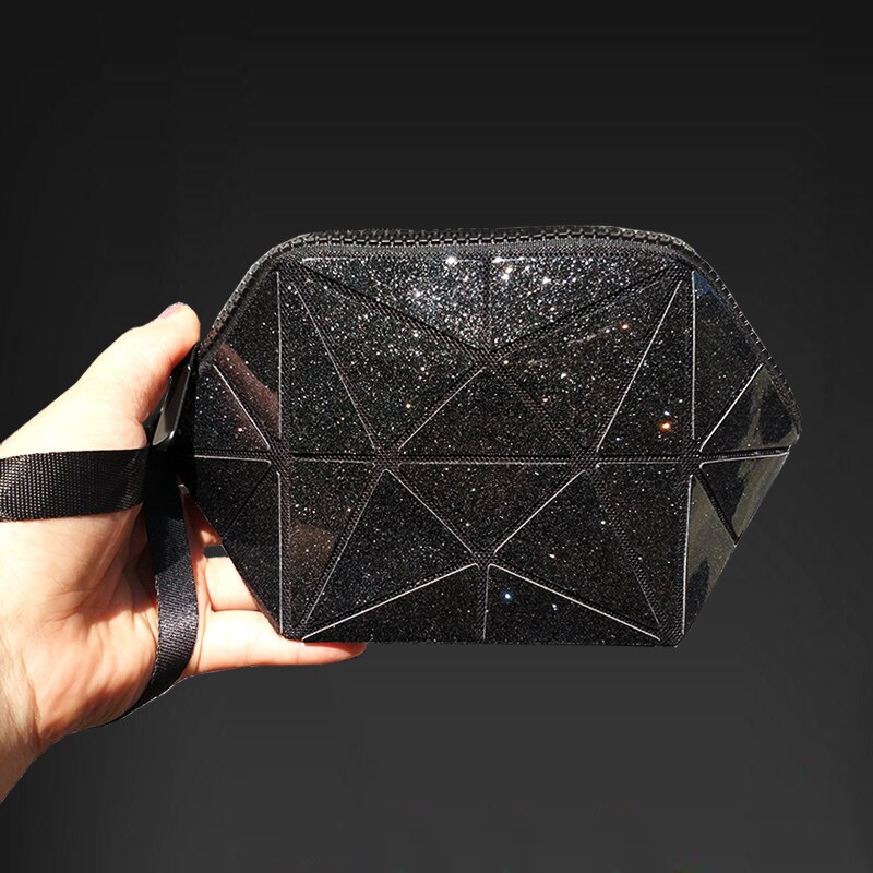 reflective geometric cosmetic bag for women: bling black