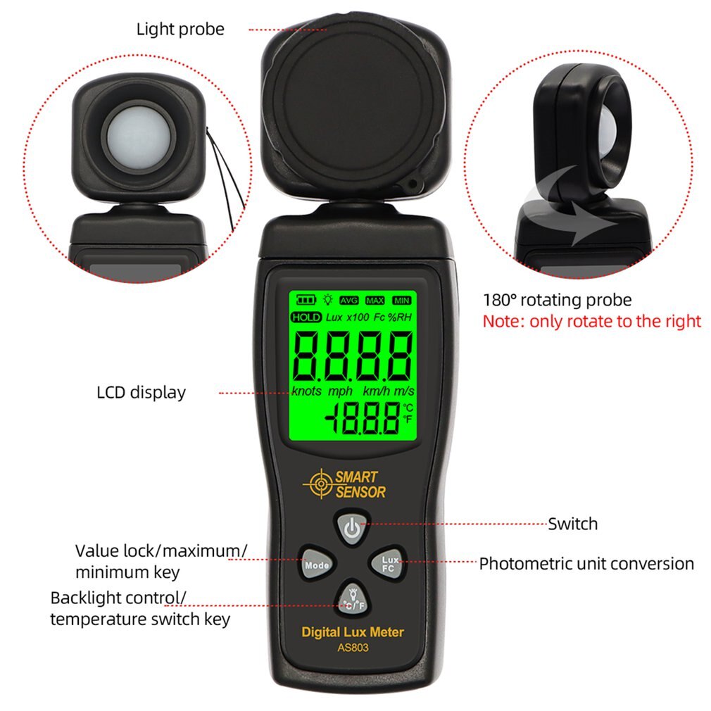 Smart Sensor AS803 Digital Light Meter LCD Handheld Illuminometer Light Meter 1-200000 Lux Tools Photometer Luminance Tester