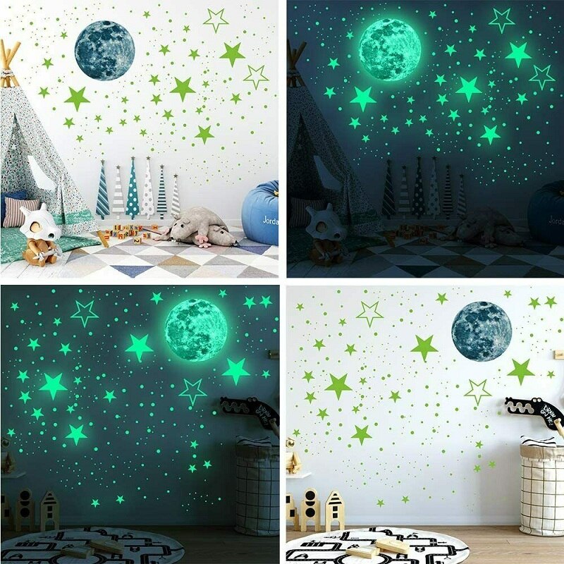 Pegatinas luminosas de Luna y estrellas para decoración del hogar, adhesivos de pared que brillan en la oscuridad para habitación de niños, dormitorio, techo, 435 unids/set por juego
