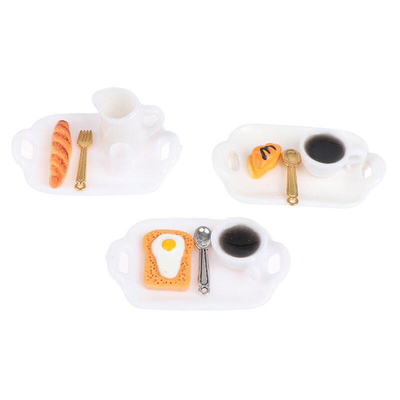 1:12 Dollhouse Miniatuur Ontbijt Sets Hamburger Croissant Toast Ei Koffie Met Lade Keuken Voedsel Accessoires