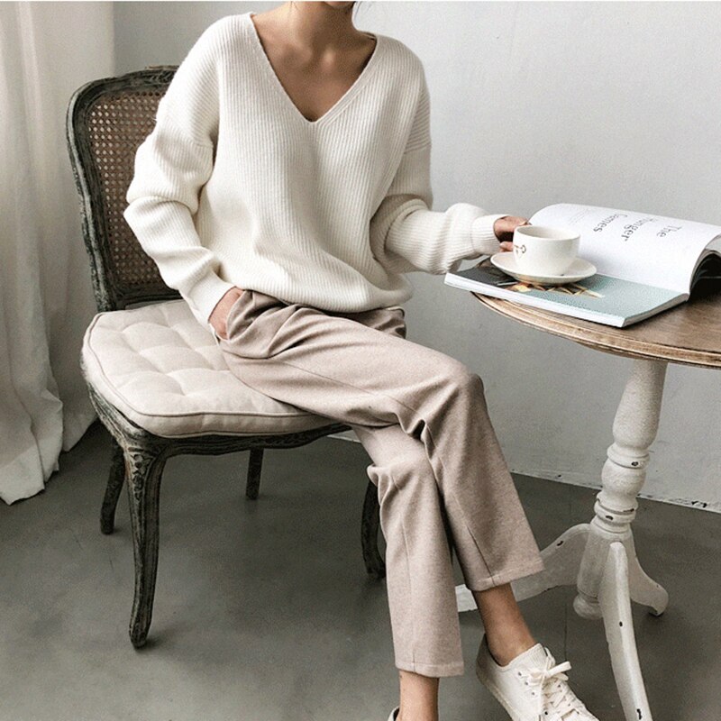 Wotwoy v-hals strikkede oversize trøjer kvinder efterår vinter langærmede basic sweater kvinder hvide afslappede løse pullovere kvinder