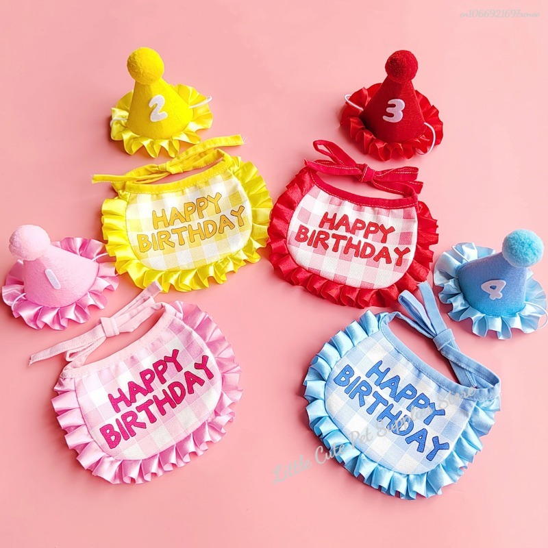 Gato aniversário cachecol chapéu conjunto cão festa de aniversário suprimentos cachecol para animais de estimação bonito filhote de cachorro chapéu de aniversário cachecol decoração para animais de estimação pequenos e médios