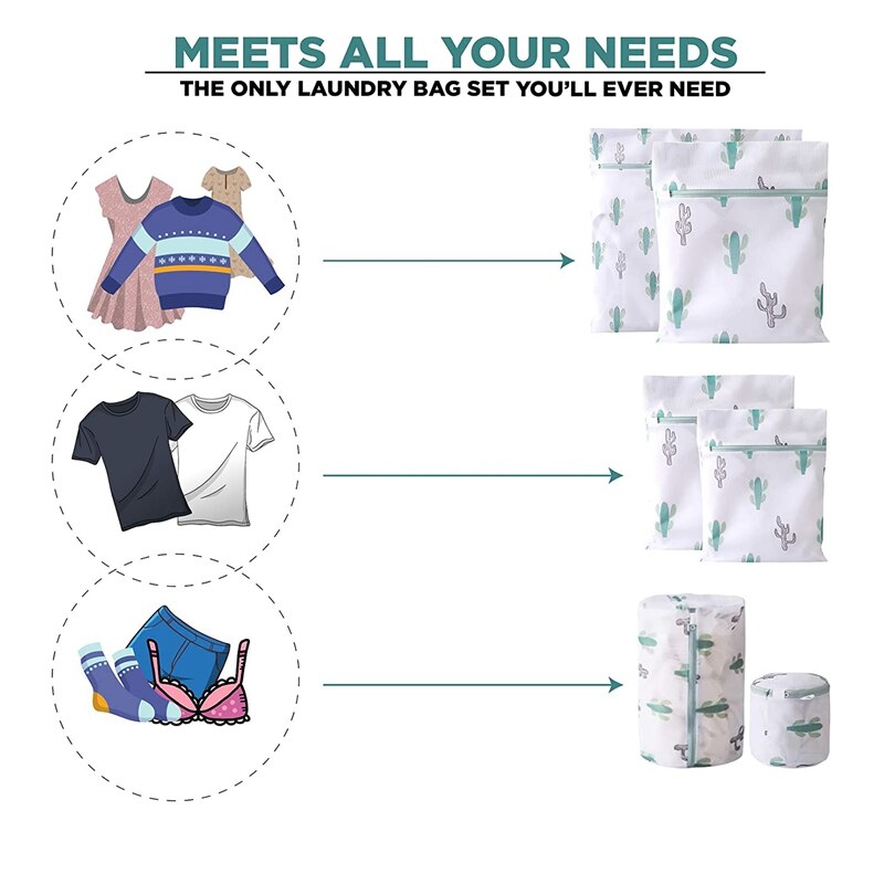 6 Pcs Mesh Waszakken Met Prints, Reizen Opbergtas, Kledingstuk Wassen Zakken Voor Kleding, Bras, ondergoed, Sokken, Groen