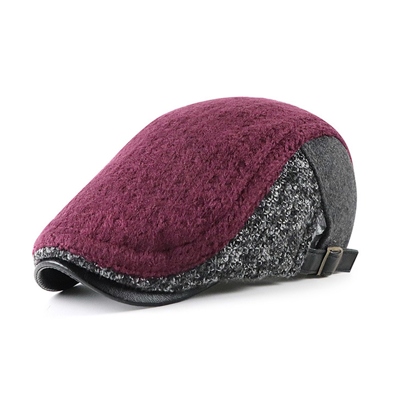 Casquette plate à chevrons en bec de canard pour hommes, béret en Patchwork, chapeau tricoté en laine, Gatsby, casquette en lierre d&#39;âge moyen, journal de Golf Cabbie, automne et hiver: Wine Red