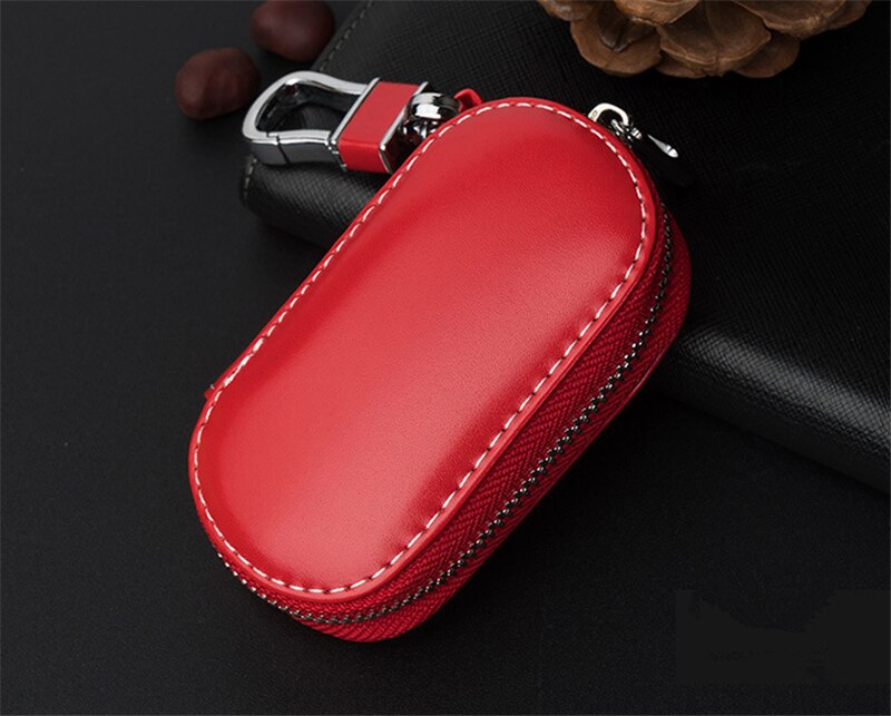 Men Key Holder Housekeeper Leather Car Key Wallets Keys Organizer Women Keychain Covers Zipper Key Case Bag Unisex Pouch Purse: Red