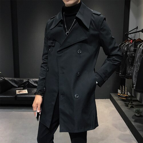 Heren Double Breasted Trenchcoat Heren Off White Trenchcoats Britse Heren Lange Jassen Engels Mantel Klassieke Windjack Elegante: black / L