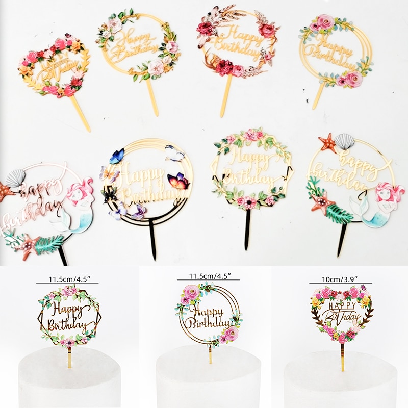 Décoration de gâteau joyeux anniversaire, bordure de couronne de fleurs et papillon, fée filles, fête d'anniversaire, Baby Shower, acrylique, décoration de gâteaux