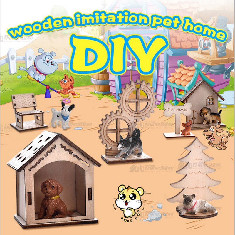 1 sztuk drewniane domowe zwierzę lalka sześć stylów kot placki lalki DIY modelu zabawka robić montażu z tworzywa sztucznego mini Model zwierzęcia budynku