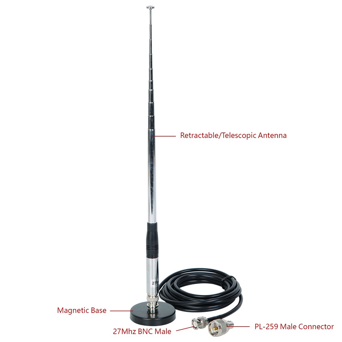 Abbree 27Mhz Bnc Telescopische 23/130Cm Antenne Met PL259 Mannelijke Adapter En Magnetische Basis Voor Cobra Midland uniden Cb Mobiele Radi: As the Picture Shown