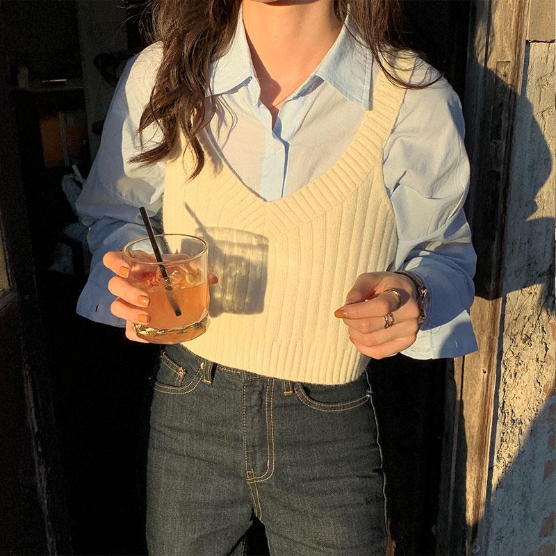 Sweater Vest Women Korean Style Crop Tops Leisure V-neck Trendy Sweet Sweaters Students Lovely Simple Solid All-match
