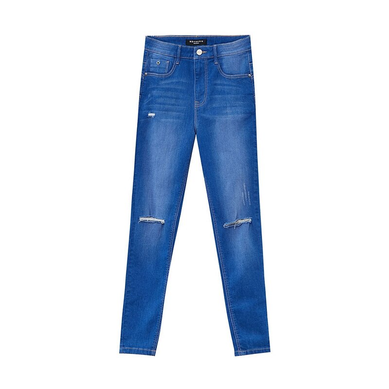 Metersbonwe jean Slim pour femmes jean trou bleu Denim crayon cheville-longueur pantalon Stretch taille femmes jean: Mid Blue / 28