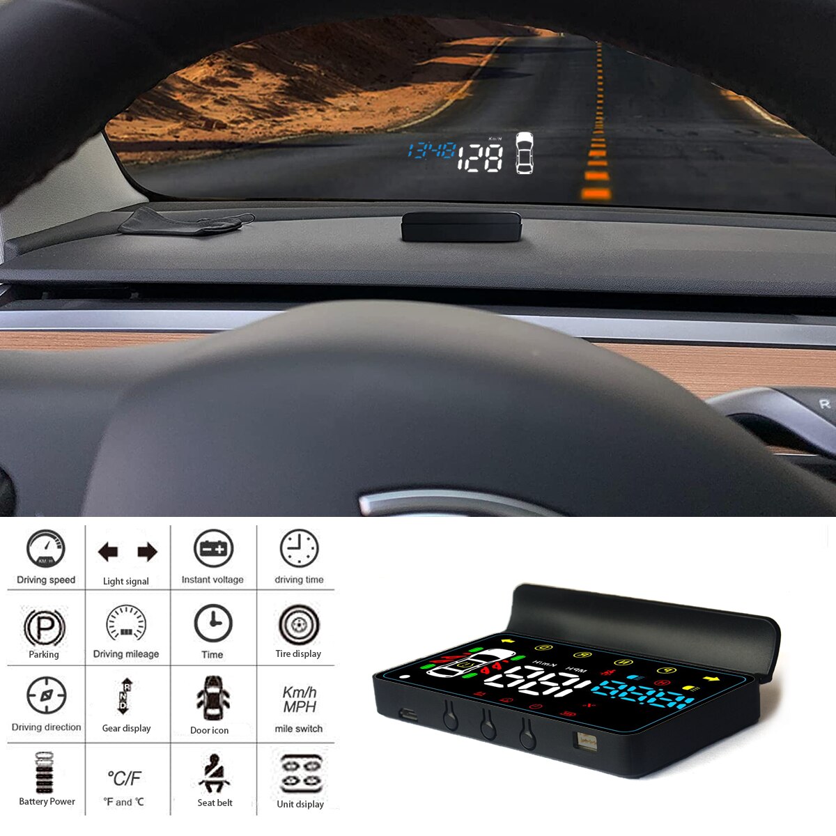 Tesla Model Y &amp; Model 3 HUD-pantalla especial Head Up, proyector de parabrisas, velocidad, batería, porcentaje de potencia, indicador de advertencia para pantalla de puerta