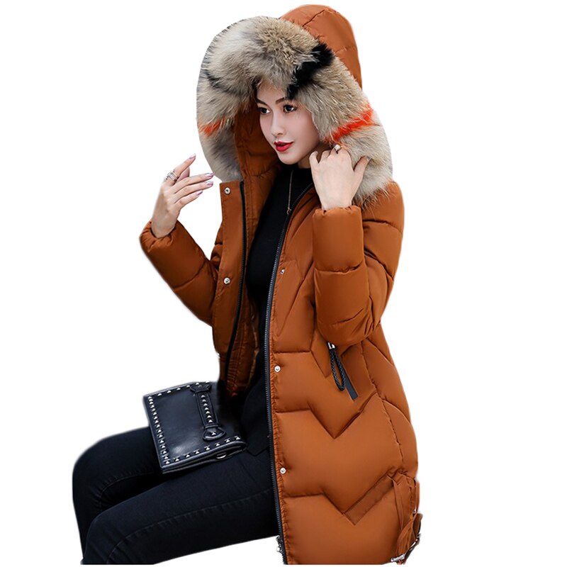 Winter Vrouwen Jas Dikke Warme Hooded Slim Down Katoenen Parka Bontkraag Gewatteerde Uitloper Jassen Lange Kleding Plus Size 3XL: caramel / XXL