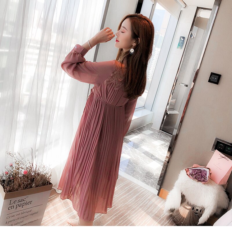 Chiffon Dresses Maternity Clothes For Pregnant Women Long Sleeve Pleated Dresses Pregnancy Maternity Dress Spring
