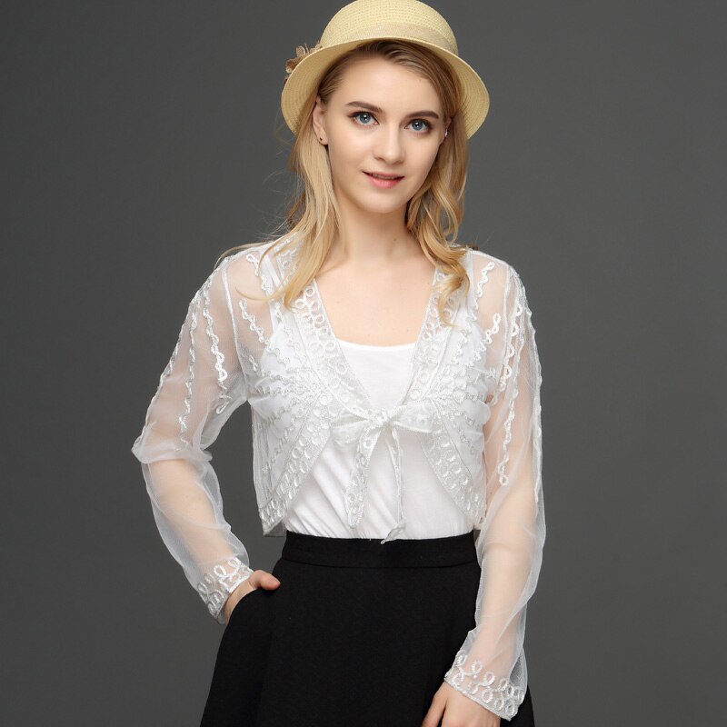 Zomer Vrouwen Kant Bolero Jas Schouderophalen Lange Mouw Korte Dunne Haak Borduren Gestreepte Vrouwelijke Shawl Vrouwen Vest Met Riem