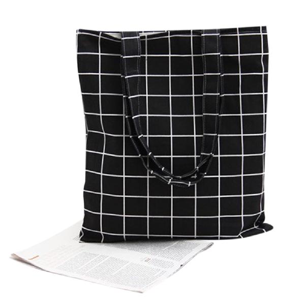 Banabanma Women Student Cotton Linen Plaid Shoulder Tote Handbag Eco Shopping Large Capacity Canvas Purse Pouch ZK25: Black