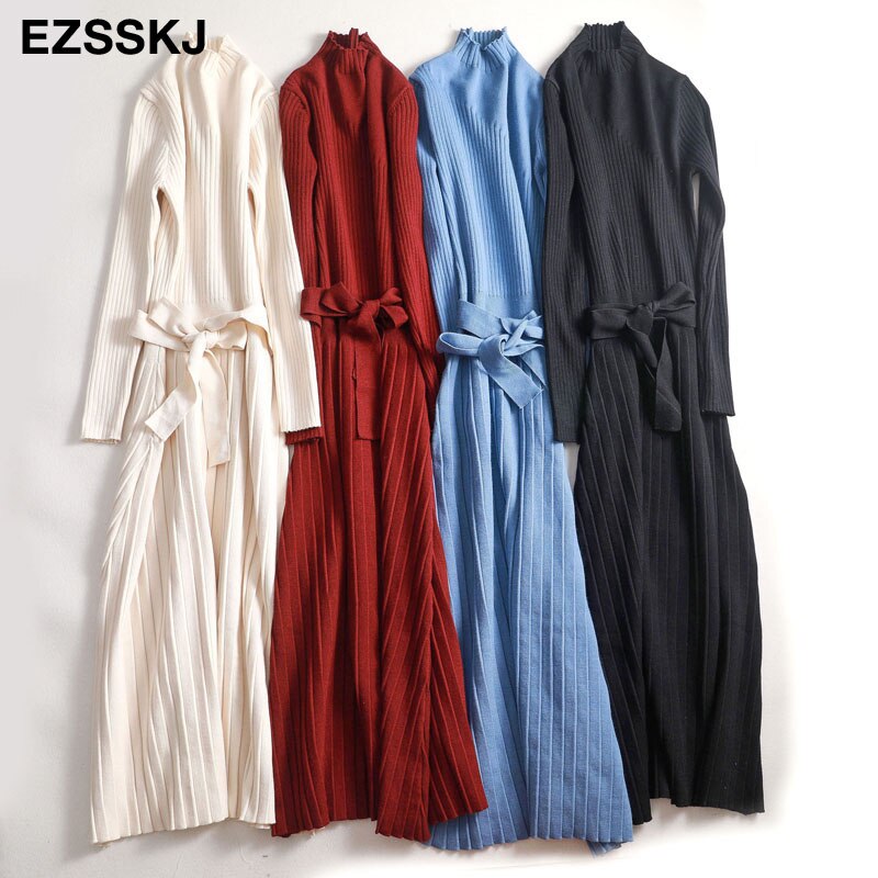 herfst winter maxi trui jurk vrouwen lange mouw OL vrouwelijke lange trui jurk met riem elegante a-lijn solid slim jurk