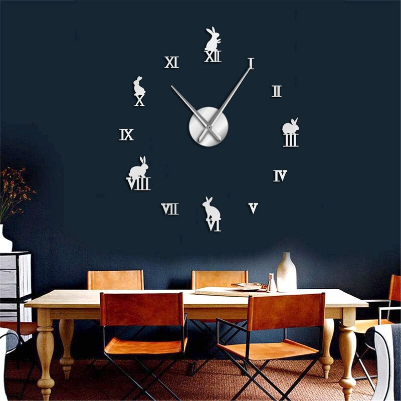 Konijn Met Romeinse Cijfers Diy Grote Wandklok Dieren Home Decor Frameless Wandklok Spiegel Effect Bunny Kinderen Klok