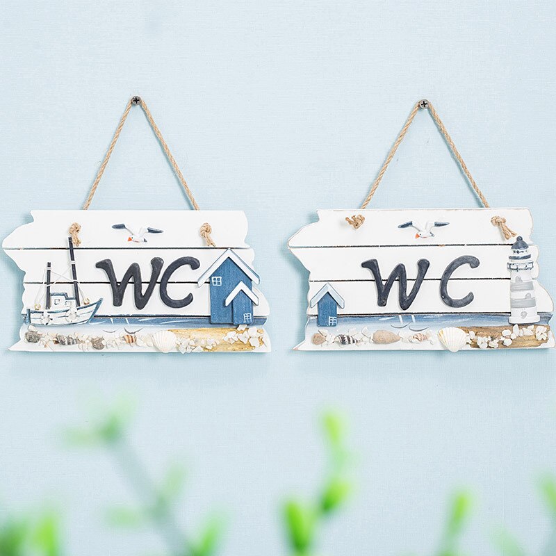 Ocean Style WC Hanging Sign Board Plate Mediterranean Wooden Toilet Door Decoration Bar Coffee Shop Home Decoration