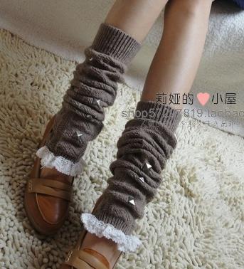 Cotton Leg Warmers Lace Closure White Sweet Lolita Girls Boots Socks Rivet Elements: khaki