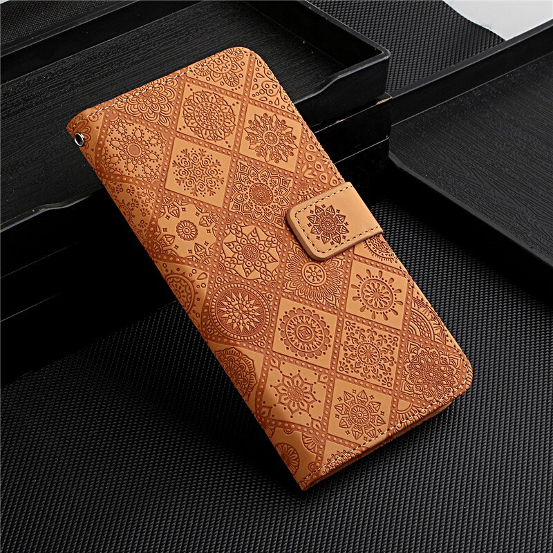 For Samsung A12 Case Leather Wallet On For Coque Samsung Galaxy A12 SM-A125F A 12 Flip Stand Floral Embossed Phone Cover Etui: Brown