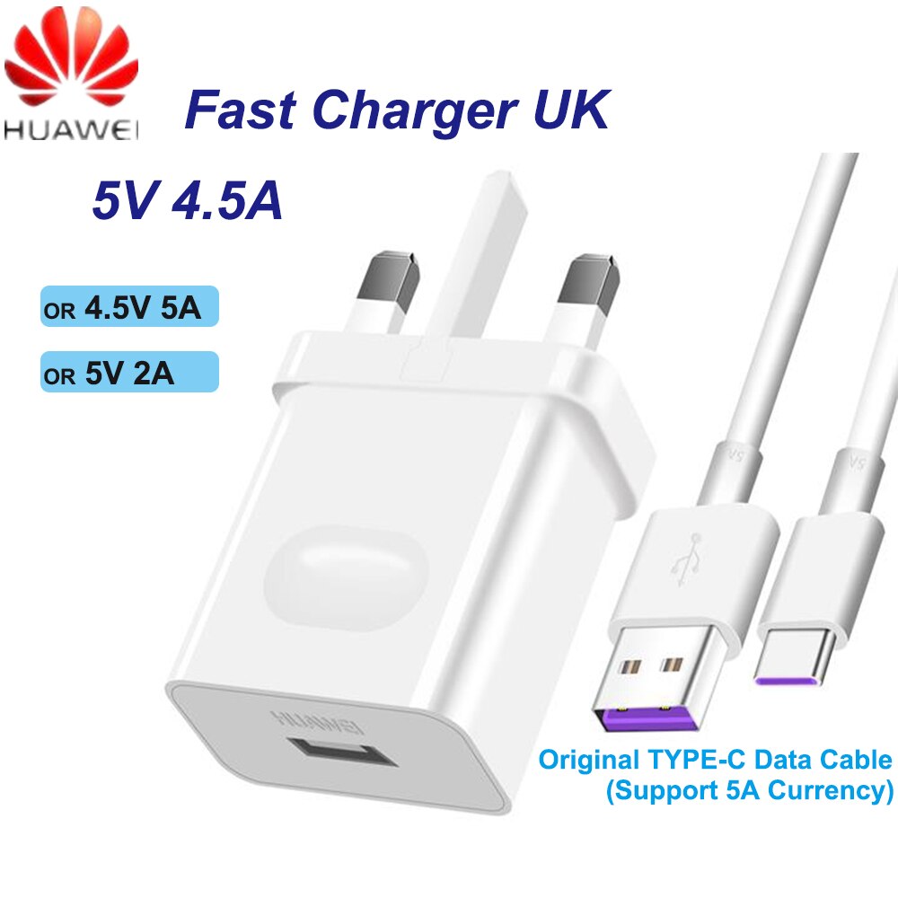 HUAWEI Supercharge UK For Mate9 10Pro P10Plus Fast Charger Quick Travel Wall Adapter 5V/4.5A 4.5V/5A 5V/2A Type-C 3.0 USB Cable