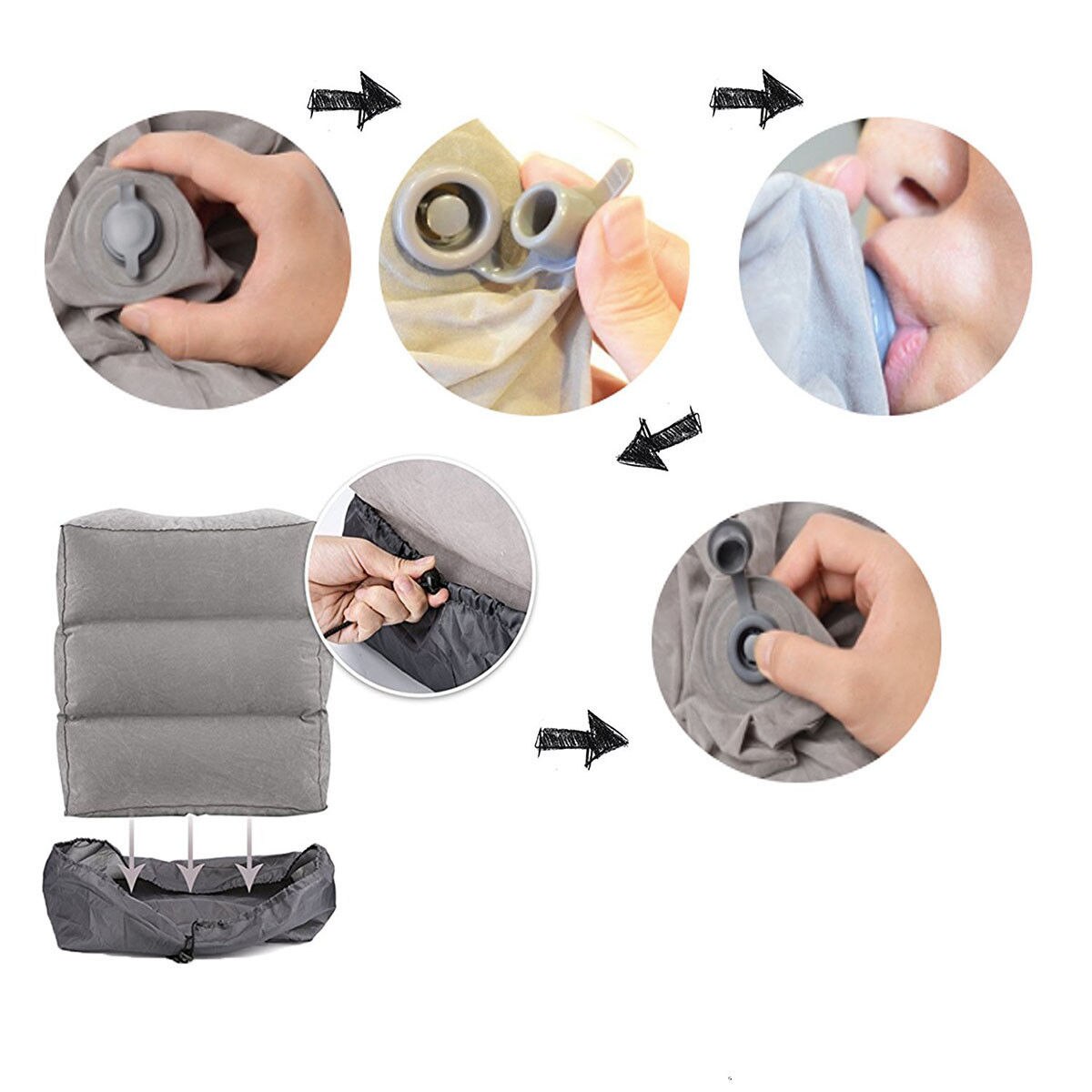 1 unidad de almohada inflable portátil para reposapiés de viaje, tren de avión, coche, cama de niños adultos, reposapiés, almohadas grises sin bolsas