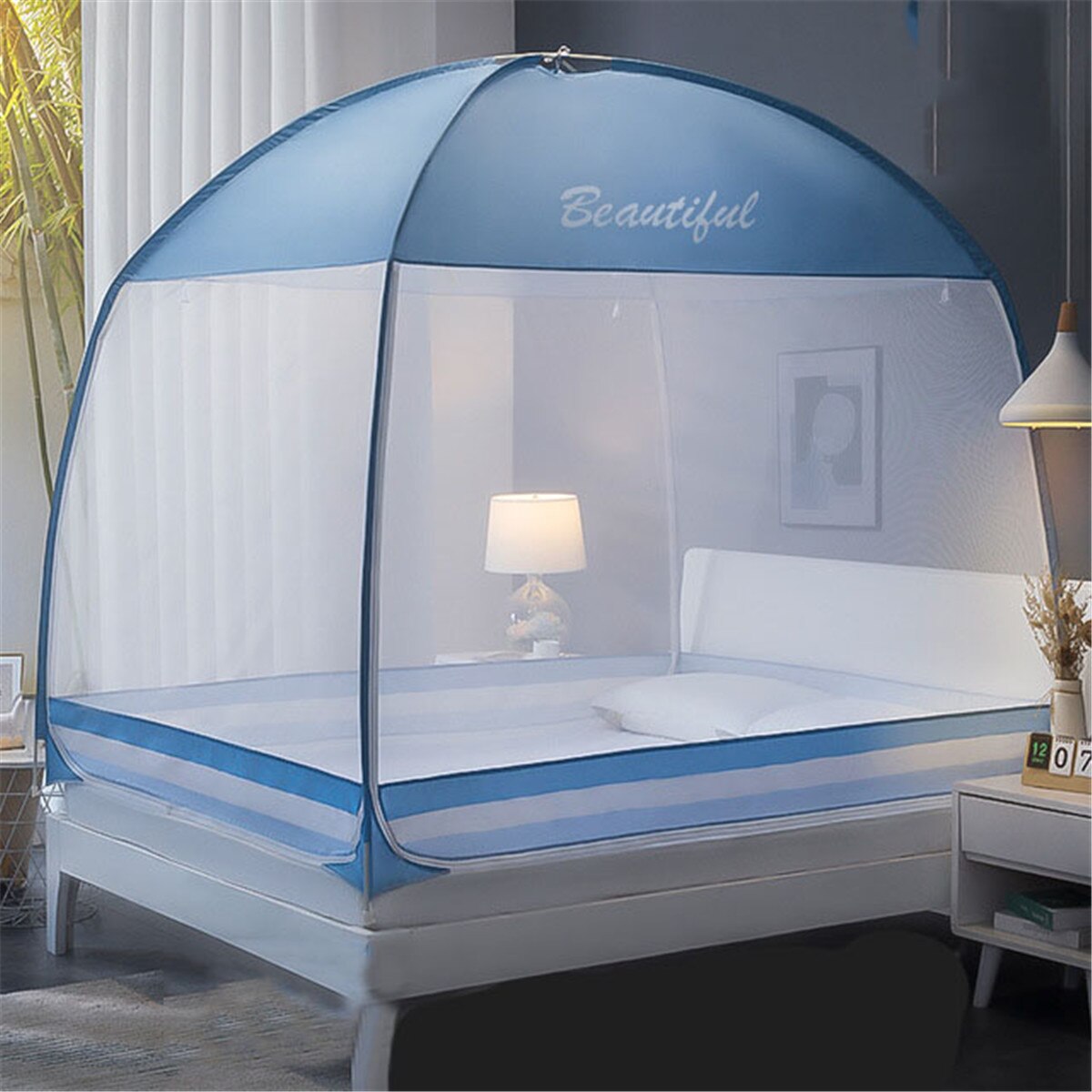 200 x 150cm tre dører myggnetting yurt myggnett himmelseng teltgardin med ramme innredning på soverommet: Blå