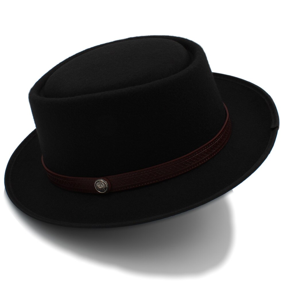 Chapeau en tarte de porc pour femmes hommes | Chapeau Fedora plat en laine pour Gentleman, papa Gambler Panama Trilby chapeau avec Belwt taille 58CM: Black