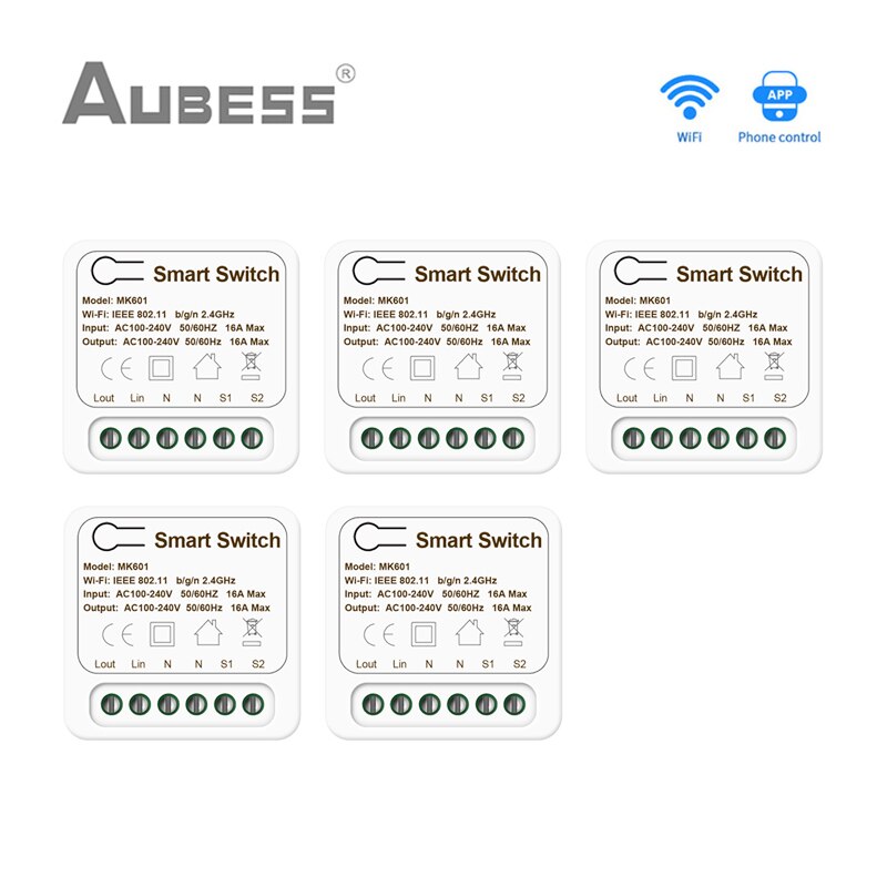Tuya WiFi MINI Smart Switch 2 Way Control 16A Switch Smart Home Works With Smart Life App Voice Control Alexa Google Home Alice: 5Pcs