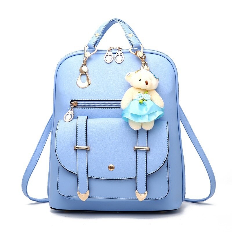 DIOMO Women Backpack Casual Cute for Girl School Bag Pu Leather Bear Pendant Multi-color Optional: Sky blue