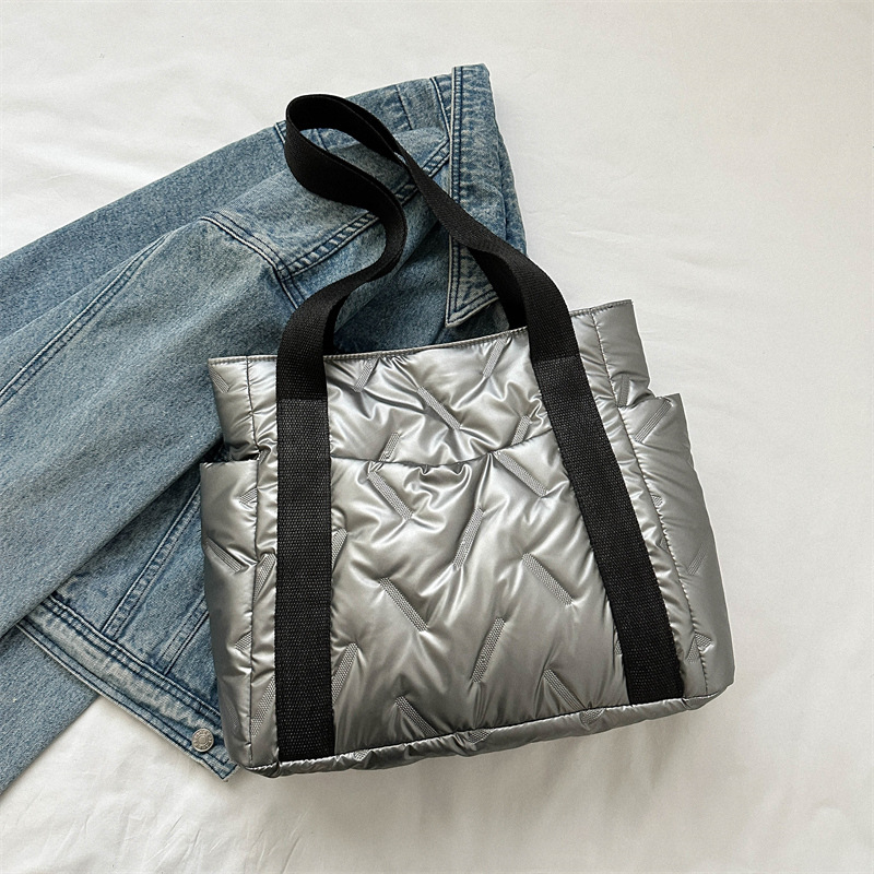 Bolsos de mano informales de algodón de invierno para mujer, bolso de hombro de de Color sólido, bolsos de mano para ir al trabajo y: Plata