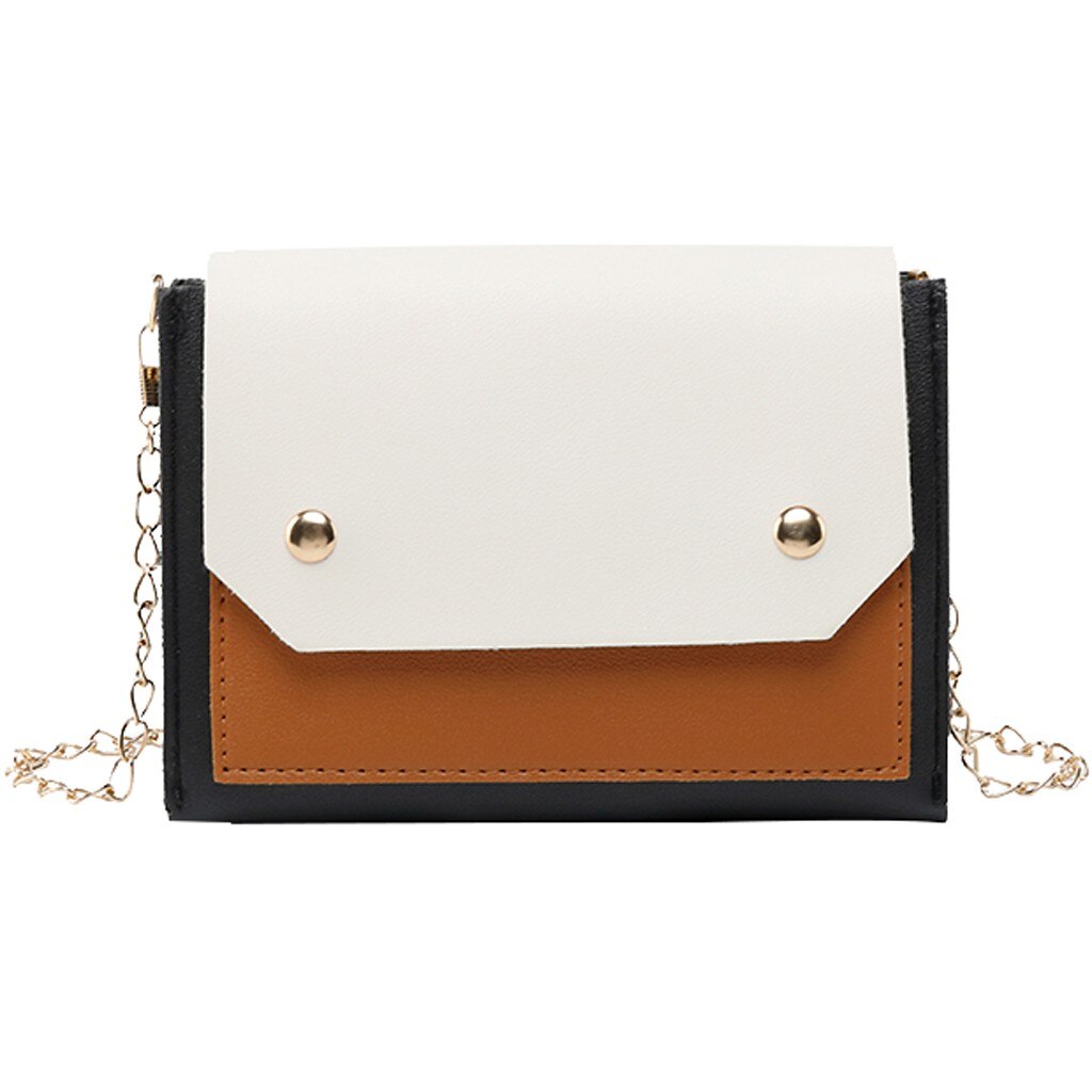 Bolso bandolera con solapa de paneles para mujer, Mini bolso con cadena, bandolera, bandolera de cuero A la para mujer: Brown