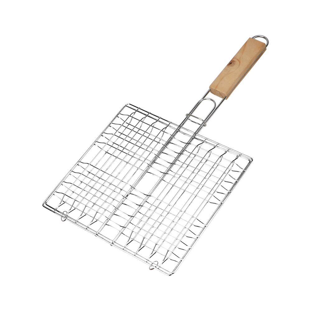 Rvs Barbecue Grillen Mand Clip Inklapbare Bbq Grill Mesh Herbruikbare Houten Handvat Vlees Vis Clip Houder