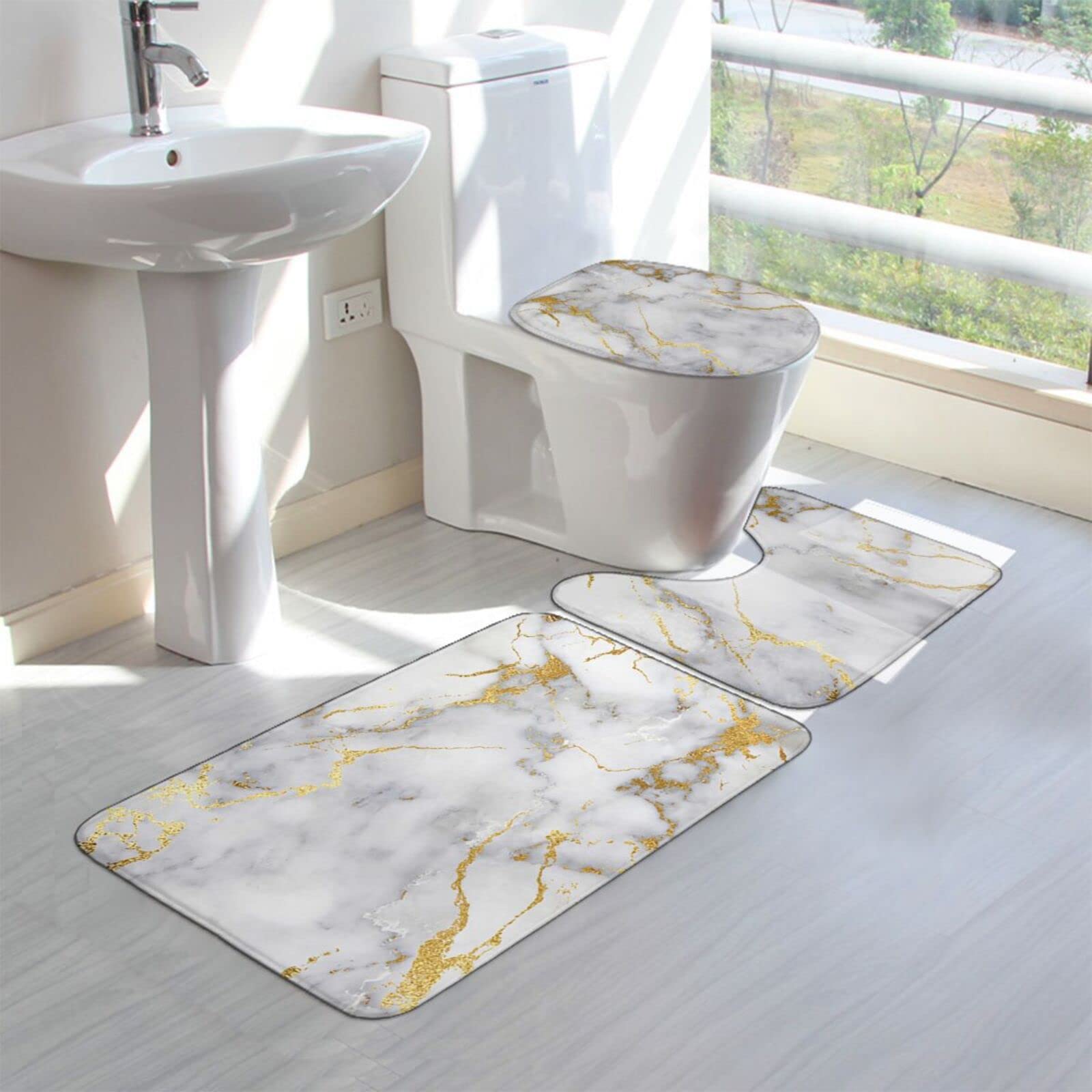 Badkamer marmeren tapijt driedelige set toiletovertrek voetmat badkamer decoratieve mat antislip waterabsorberend dik en comfortabel