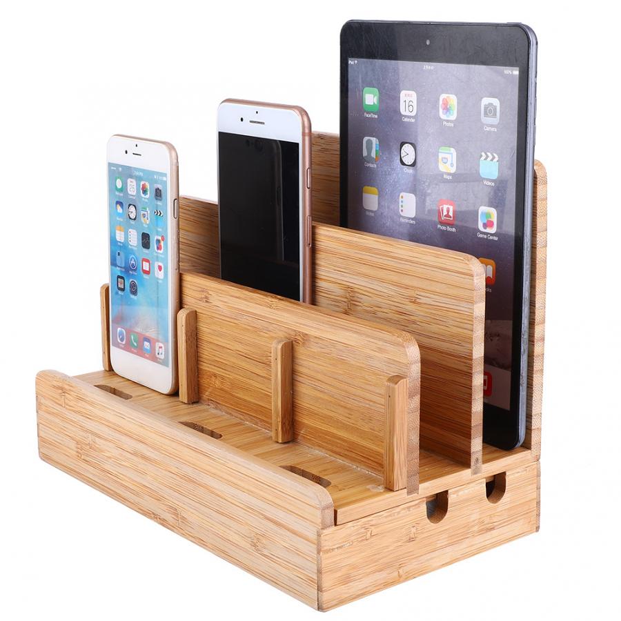 Bamboo Multi-device Stand Holder Charging Station Phone Tablet Desktop Organizer Tablet Wall Phone Holder Charging Holder Stand