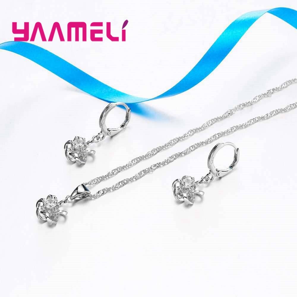 Mode Vrouwen 925 Sterling Zilveren Sieraden Hangers Zirconia Kettingen Oorbellen Bruiloft Engagement Set Accessoires